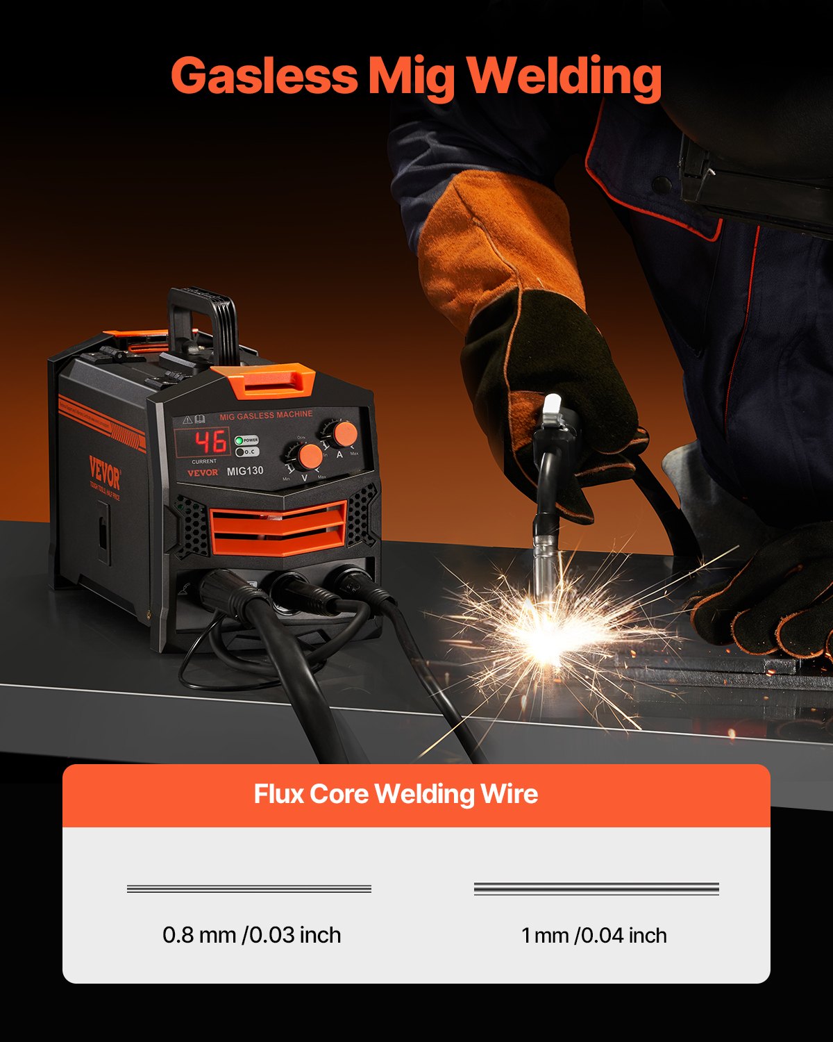 MIG Welder 130 Amp Gasless Flux Core Mig-svetsmaskin med IGBT-växelriktare