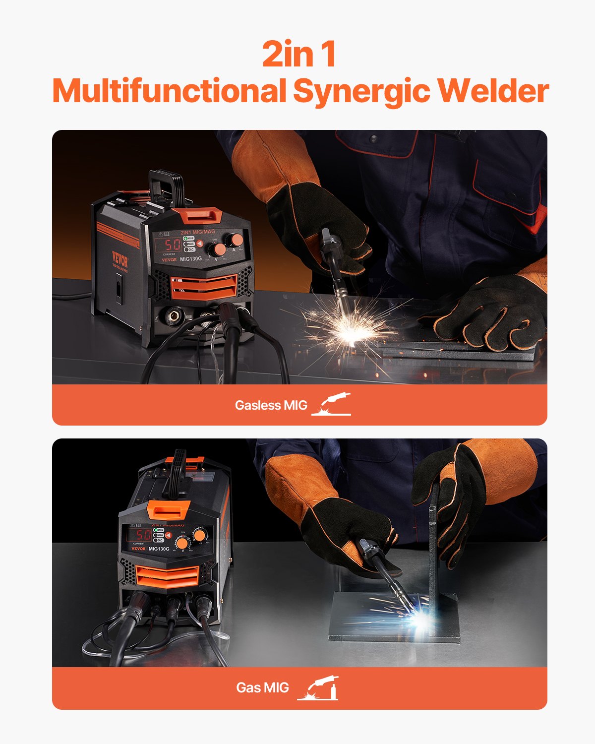 MIG Welder 130A svetsmaskin 2-i-1 gas MIG/Gasless Flux Core Welder