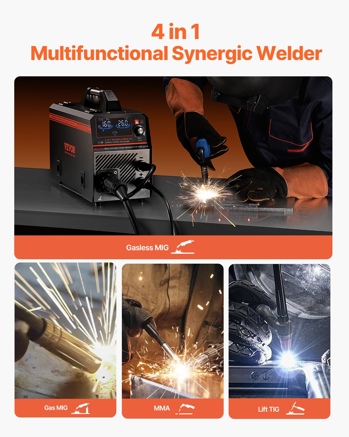 MIG Welder 160A welding machine 4-in-1 Gas/Flux Core MIG/Stick/Lift TIG
