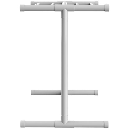 Poolhanddukshängare, 5 bar, vit, fristående utomhus PVC T-form för förvaring vid poolen, inkluderar 8 handduksklämmor, nätpåse, krok, förvarar även flyter och paddlar, för stranden, poolen, hemmet