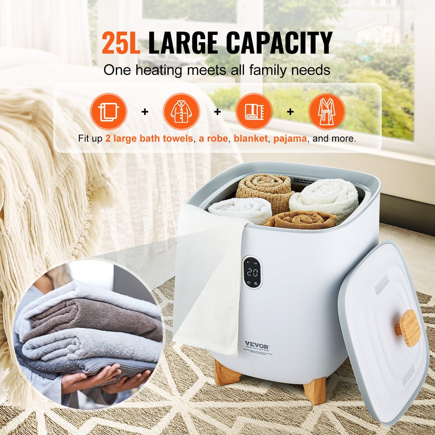 25L Towel Drying Bucket with LED Display Bottom Heating Columns Timer White