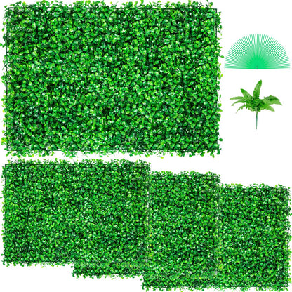 Künstliche Buchsbaumplatte UV, 4 Stück, Buchsbaumhecken-Wandpaneele, Kunstrasen-Hintergrundwand, 61 x 40,6 cm, 4 cm, grüne Graswand, künstliche Hecke für Dekoration, Sichtschutzzaun, für drinnen und draußen, Garten, Hinterhof