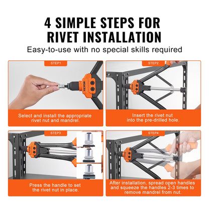 Rivet Nut Tool, 16” Rivnut Tool Kit with 13PCS Metric and SAE Mandrels, 186PCS Rivet Nut, M3, M4, 10-24, M5, M6, 1/4-20, 8-32, 5/16-18, M8, 3/101, M-3, M3, 101, M3, M4, 10-24 Semi-automatic Retractor