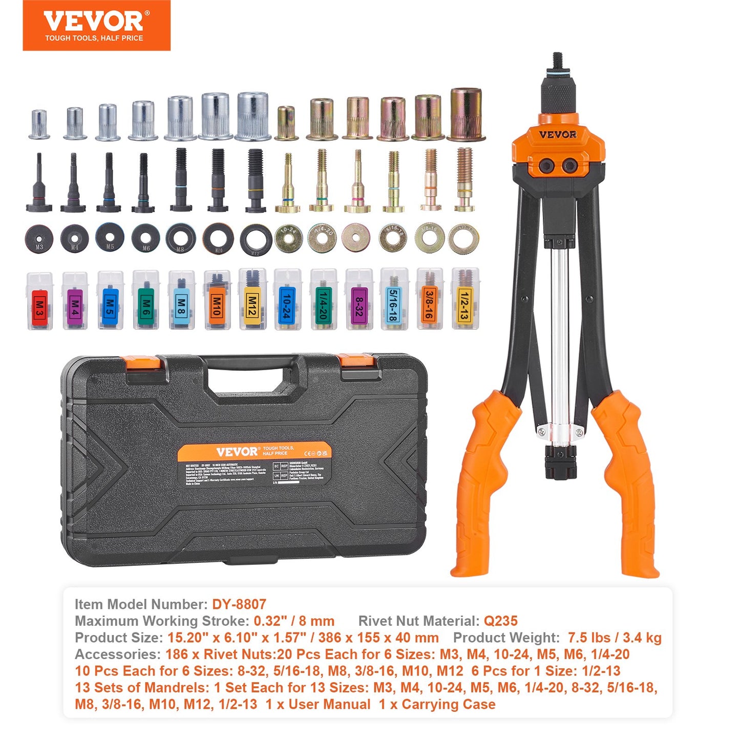 Rivet Nut Tool, 16” Rivnut Tool Kit with 13PCS Metric and SAE Mandrels, 186PCS Rivet Nut, M3, M4, 10-24, M5, M6, 1/4-20, 8-32, 5/16-18, M8, 3/101, M-3, M3, 101, M3, M4, 10-24 Semi-automatic Retractor