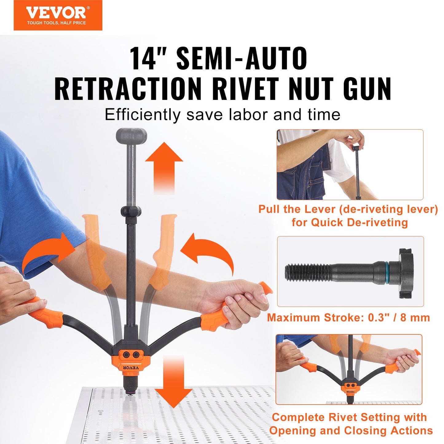 Nitmutterverktyg, 14” Rivnut Tool Kit med 7 ST Metriska och SAE dorn, 70 ST Assorted Nit Mutter, 10-24, 1/4-20, M6, 5/16-18, M8, 3/8-16, M10, Nitmuttersats med robust bärväska
