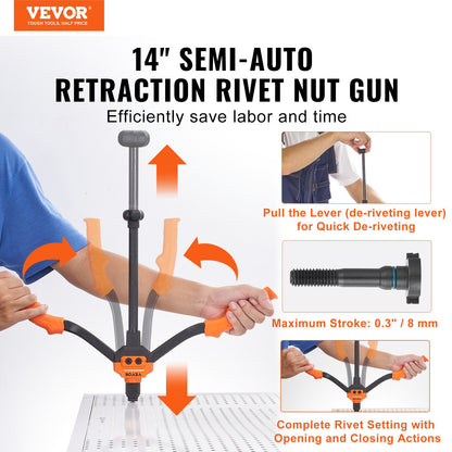 Nitmutterverktyg, 14” Rivnut Tool Kit med 7 ST Metriska och SAE dorn, 70 ST Assorted Nit Mutter, 10-24, 1/4-20, M6, 5/16-18, M8, 3/8-16, M10, Nitmuttersats med robust bärväska