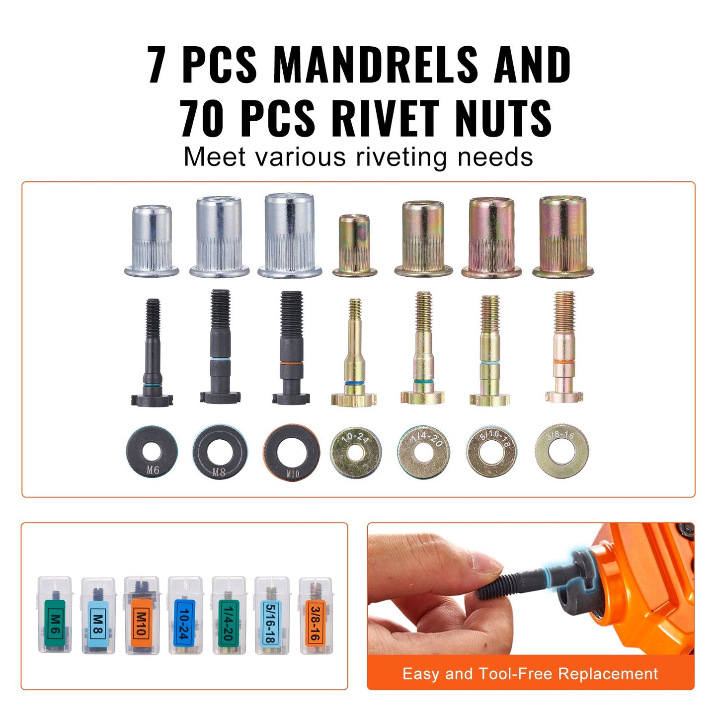 Nitmutterverktyg, 14” Rivnut Tool Kit med 7 ST Metriska och SAE dorn, 70 ST Assorted Nit Mutter, 10-24, 1/4-20, M6, 5/16-18, M8, 3/8-16, M10, Nitmuttersats med robust bärväska