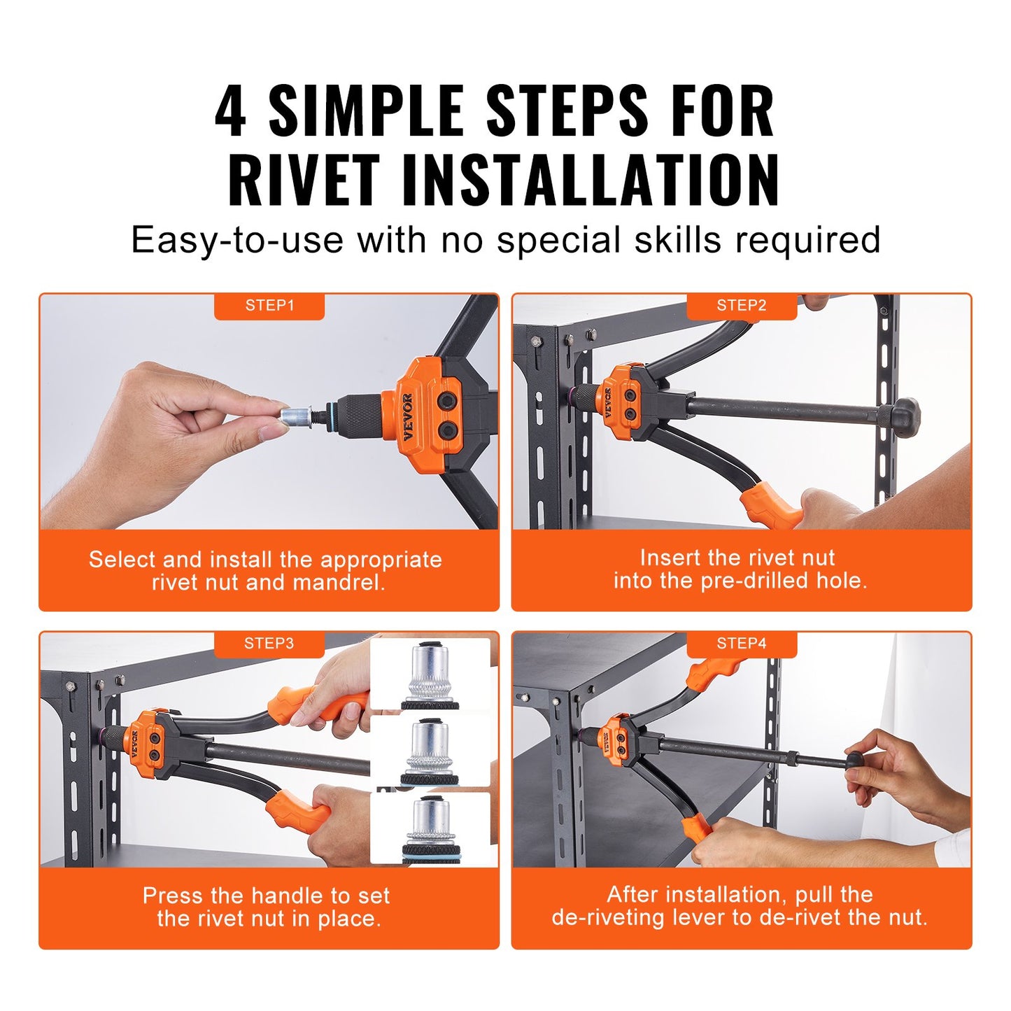 Nitmutterverktyg, 14” Rivnut Tool Kit med 7 ST Metriska och SAE dorn, 70 ST Assorted Nit Mutter, 10-24, 1/4-20, M6, 5/16-18, M8, 3/8-16, M10, Nitmuttersats med robust bärväska