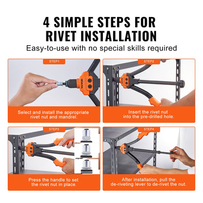 Nitmutterverktyg, 14” Rivnut Tool Kit med 7 ST Metriska och SAE dorn, 70 ST Assorted Nit Mutter, 10-24, 1/4-20, M6, 5/16-18, M8, 3/8-16, M10, Nitmuttersats med robust bärväska