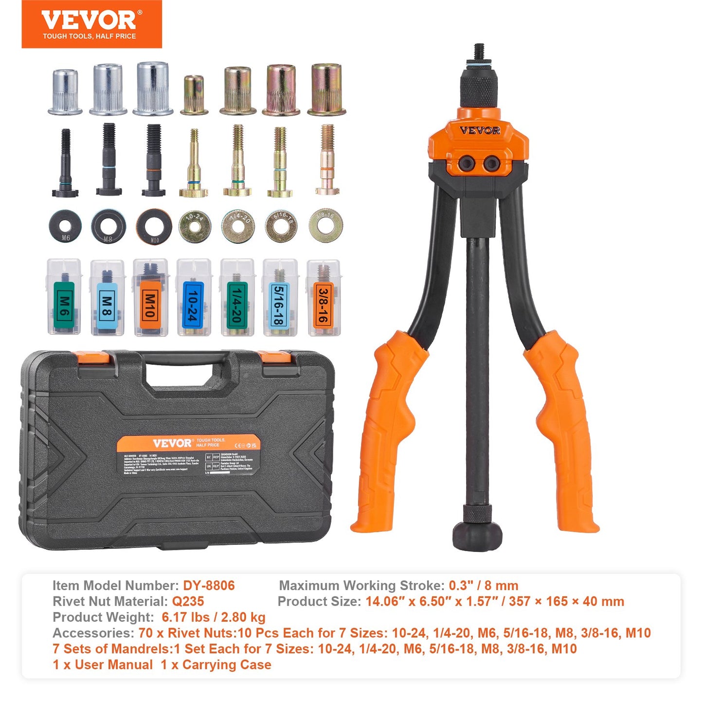 Nitmutterverktyg, 14” Rivnut Tool Kit med 7 ST Metriska och SAE dorn, 70 ST Assorted Nit Mutter, 10-24, 1/4-20, M6, 5/16-18, M8, 3/8-16, M10, Nitmuttersats med robust bärväska