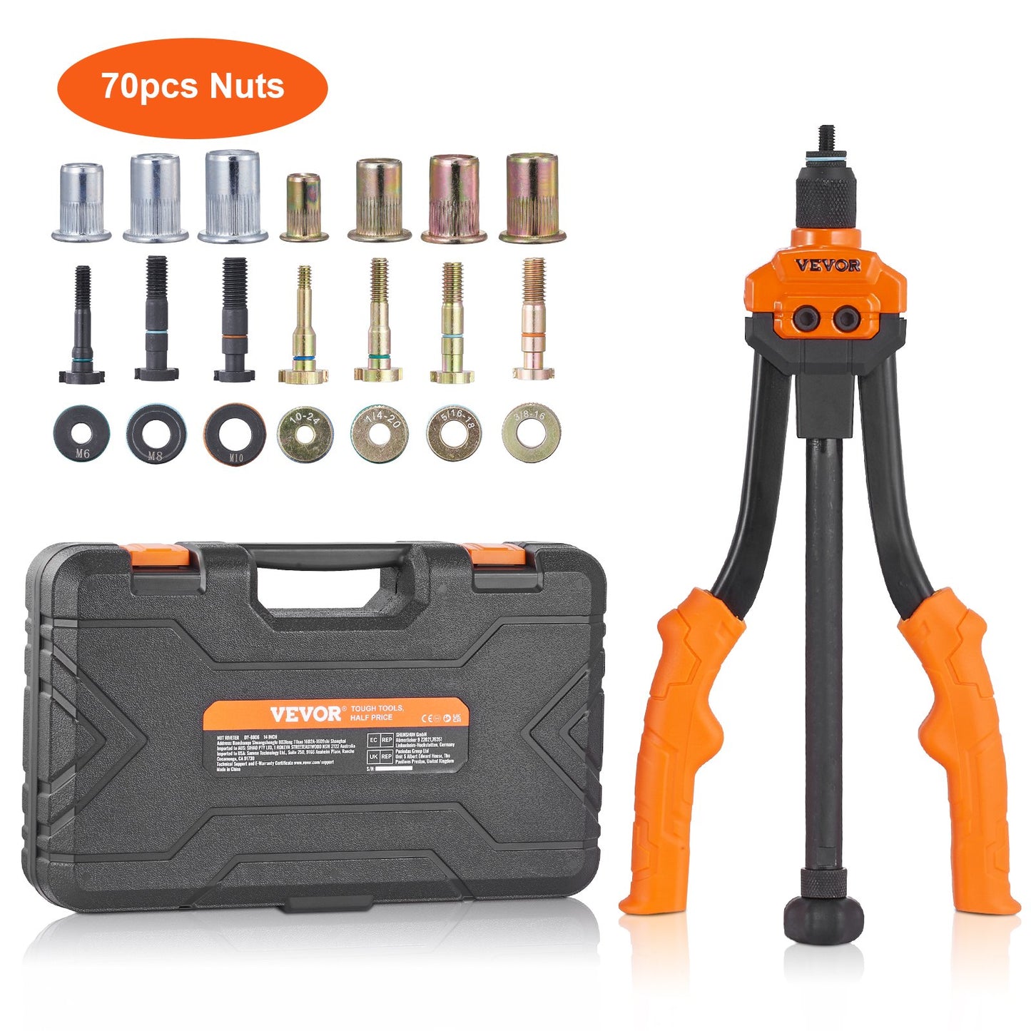 Nitmutterverktyg, 14” Rivnut Tool Kit med 7 ST Metriska och SAE dorn, 70 ST Assorted Nit Mutter, 10-24, 1/4-20, M6, 5/16-18, M8, 3/8-16, M10, Nitmuttersats med robust bärväska