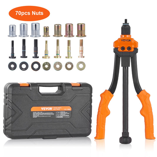 Nitmutterverktyg, 14” Rivnut Tool Kit med 7 ST Metriska och SAE dorn, 70 ST Assorted Nit Mutter, 10-24, 1/4-20, M6, 5/16-18, M8, 3/8-16, M10, Nitmuttersats med robust bärväska