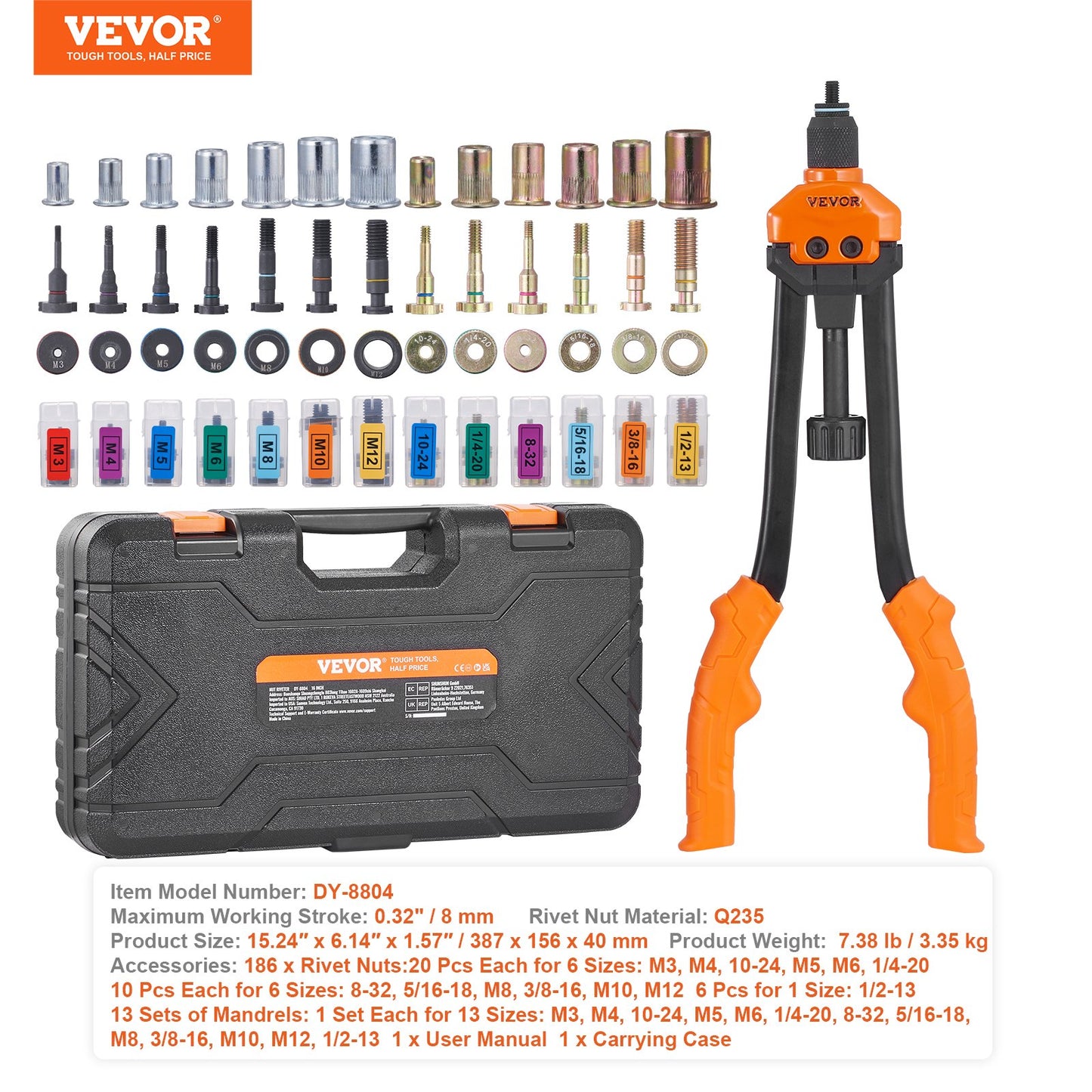 Rivet Nut Tool, 16” Rivnut Tool Kit with 13PCS Metric and SAE Mandrels, 186PCS Rivet Nut, M3, M4, 10-24, M5, M6, 1/4-20, 8-32, 5/16-18, M8, 3/101, M-1, M-1, M3, M4, 10-24 Carrying Case