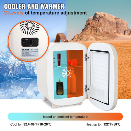 Mini Fridge, 4L/6 Cans Compact Personal Fridge, AC/DC Portable Thermoelectric Cooler and Warmer Refrigerator, Skin Refrigerator for Drinks, Snacks, Home, Office and Car, CE Marked (White)