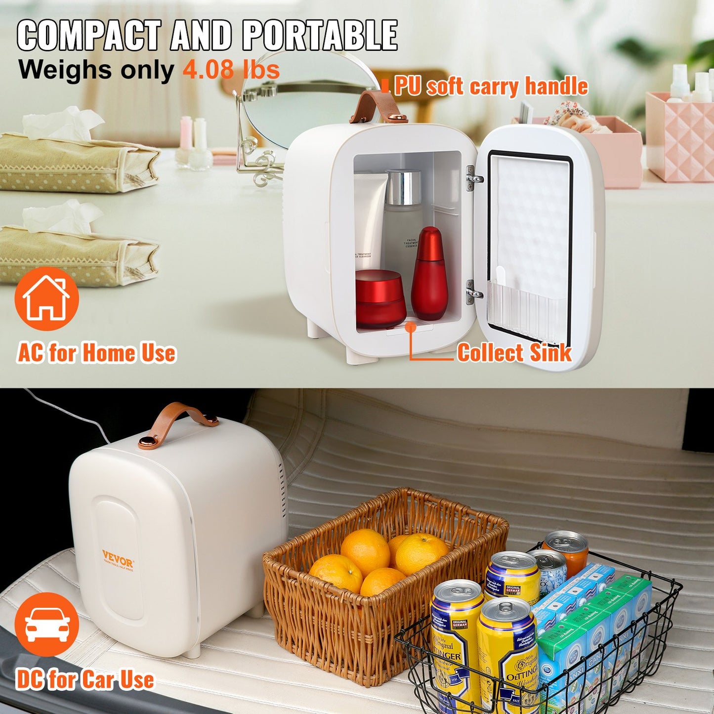 Mini Fridge, 4L/6 Cans Compact Personal Fridge, AC/DC Portable Thermoelectric Cooler and Warmer Refrigerator, Skin Refrigerator for Drinks, Snacks, Home, Office and Car, CE Marked (White)