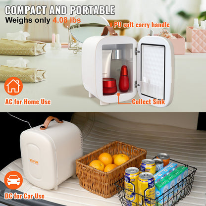 Mini Fridge, 4L/6 Cans Compact Personal Fridge, AC/DC Portable Thermoelectric Cooler and Warmer Refrigerator, Skin Refrigerator for Drinks, Snacks, Home, Office and Car, CE Marked (White)