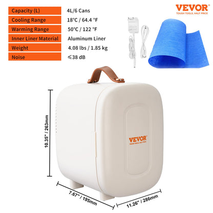 Mini Fridge, 4L/6 Cans Compact Personal Fridge, AC/DC Portable Thermoelectric Cooler and Warmer Refrigerator, Skin Refrigerator for Drinks, Snacks, Home, Office and Car, CE Marked (White)