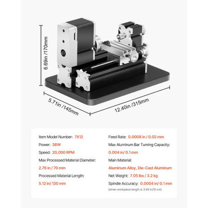 Mini Metal Lathe 2.76 x 5.12 inch Power Metal Lathe 20,000 RPM 36W | EU