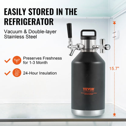 Beer Growler Kransystem, 128Oz 4L Mini fat, 304 rostfritt stål trycksatt ölgrowler, Keg Growler med tryckdisplay, CO2-regulatorkran, läcksäker ring för utkast, hembryggning, hantverksöl