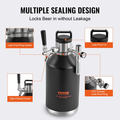 Beer Growler Kransystem, 128Oz 4L Mini fat, 304 rostfritt stål trycksatt ölgrowler, Keg Growler med tryckdisplay, CO2-regulatorkran, läcksäker ring för utkast, hembryggning, hantverksöl