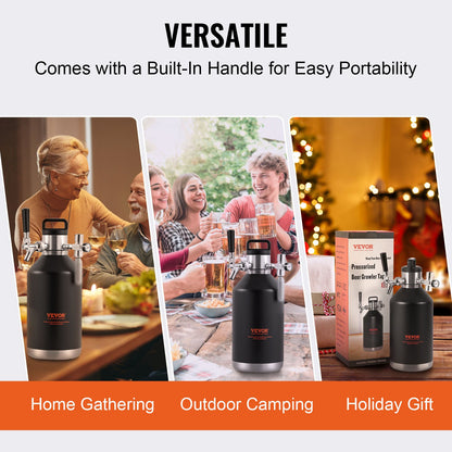 Beer Growler Kransystem, 128Oz 4L Mini fat, 304 rostfritt stål trycksatt ölgrowler, Keg Growler med tryckdisplay, CO2-regulatorkran, läcksäker ring för utkast, hembryggning, hantverksöl