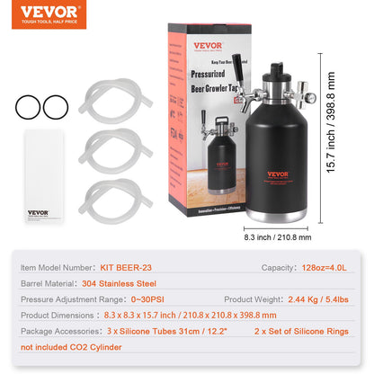 Beer Growler Kransystem, 128Oz 4L Mini fat, 304 rostfritt stål trycksatt ölgrowler, Keg Growler med tryckdisplay, CO2-regulatorkran, läcksäker ring för utkast, hembryggning, hantverksöl