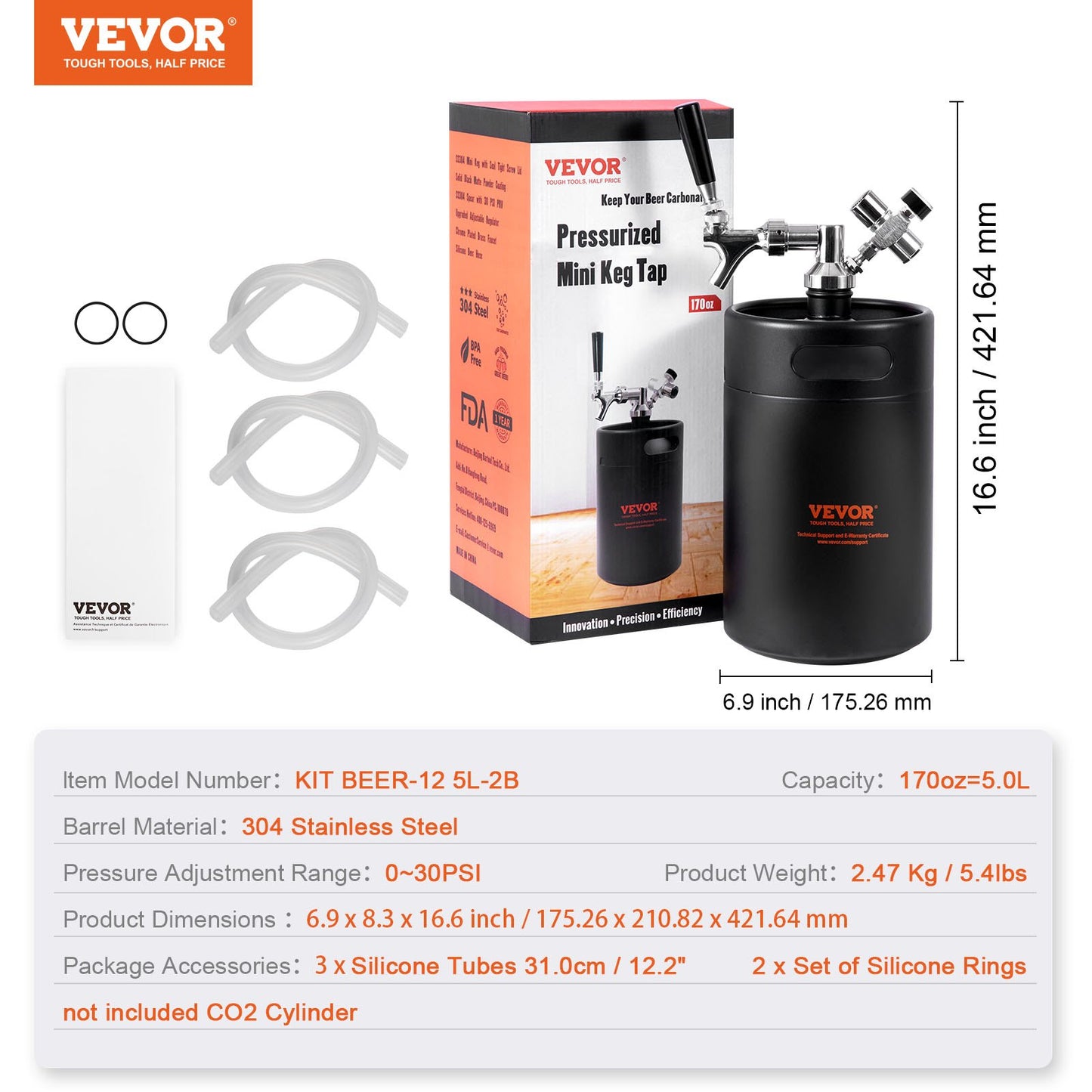 Pressurized Growler Mini Beer Keg Fat Beer Growler Home 170Oz 5L Black