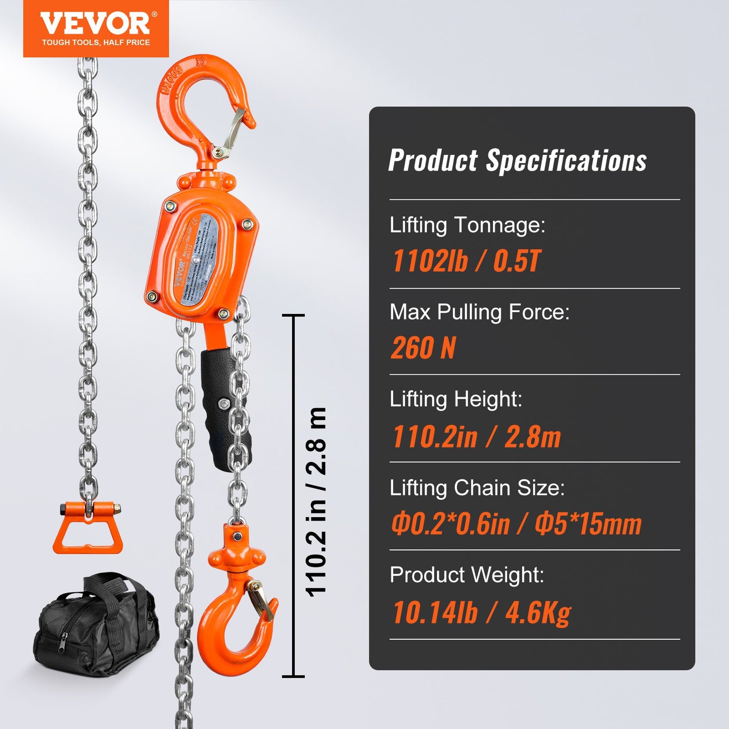 Manual Chain Hoist, 1/2 Ton 1100 lbs Capacity 10 FT Come Along, G80 Galvanized Carbon Steel with Weston Double-Lock Brake, Automatic Chain Guide and 360° Rotating Hook, for Garage Factory Dock