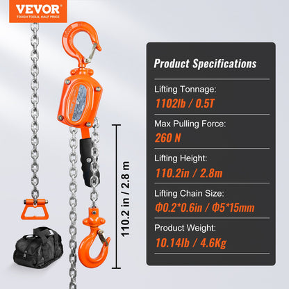 Manual Chain Hoist, 1/2 Ton 1100 lbs Capacity 10 FT Come Along, G80 Galvanized Carbon Steel with Weston Double-Lock Brake, Automatic Chain Guide and 360° Rotating Hook, for Garage Factory Dock