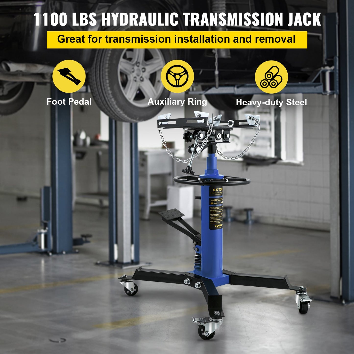 Växellådsjack, 0,5 ton/1100 lbs Kapacitet Hydraulisk teleskopisk växellådsdomkraft, 2-stegs golvstativ med fotpedal, 360° svängbart hjul, garage-/butikslyft, blå