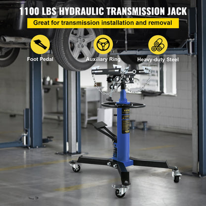 Växellådsjack, 0,5 ton/1100 lbs Kapacitet Hydraulisk teleskopisk växellådsdomkraft, 2-stegs golvstativ med fotpedal, 360° svängbart hjul, garage-/butikslyft, blå