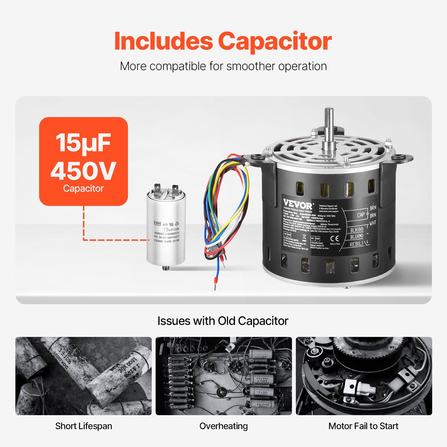 1/2HP Oven Fan Motor 220V 2.6A 1300RPM 3 Speeds 15μF/450V Capacitor