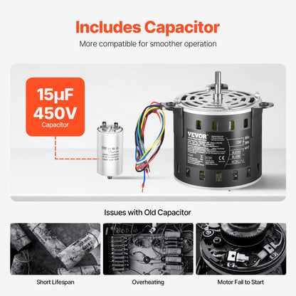 1/2HP Oven Fan Motor 220V 2.6A 1300RPM 3 Speeds 15μF/450V Capacitor