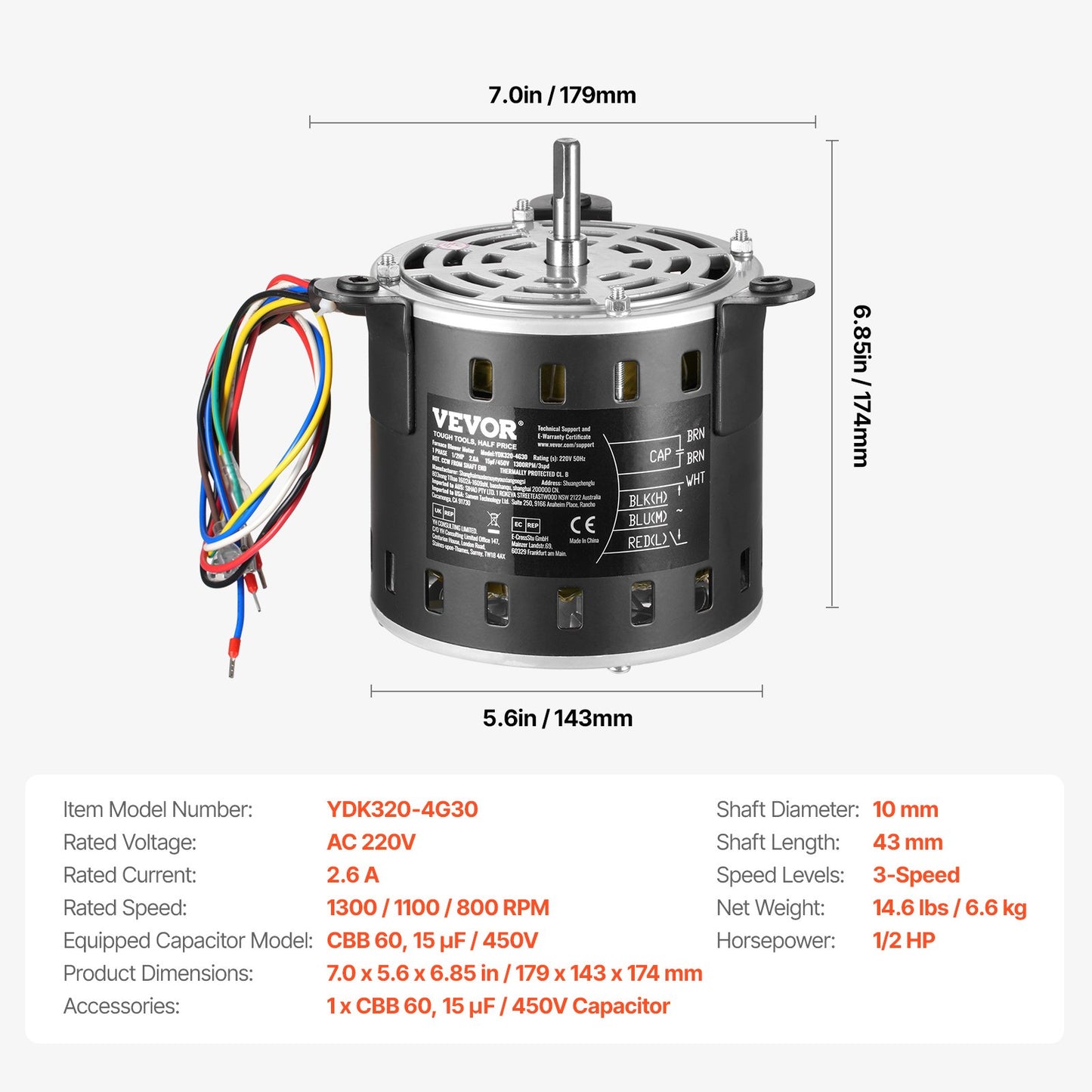 1/2HP Oven Fan Motor 220V 2.6A 1300RPM 3 Speeds 15μF/450V Capacitor