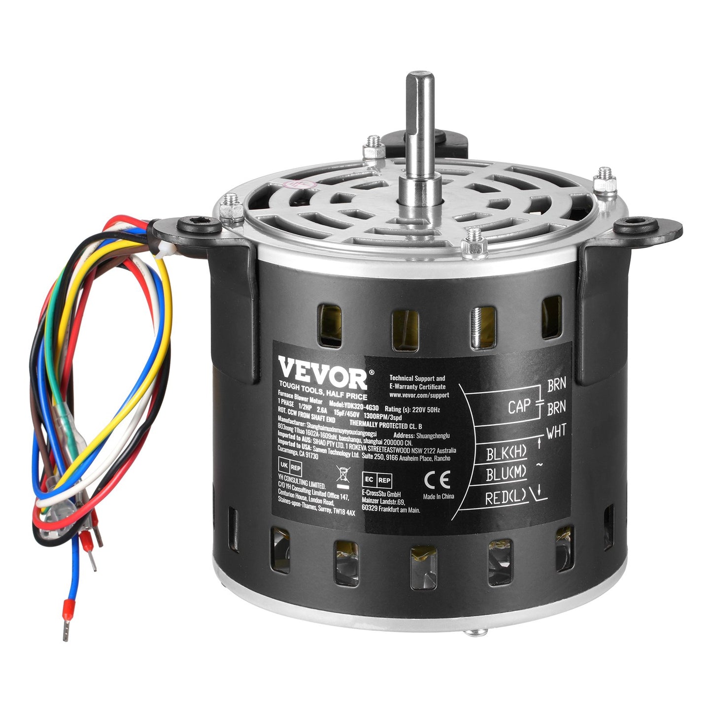 1/2HP Oven Fan Motor 220V 2.6A 1300RPM 3 Speeds 15μF/450V Capacitor