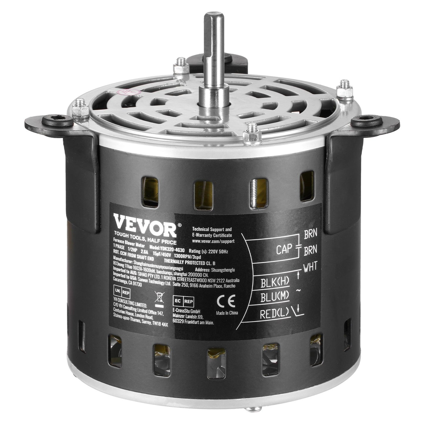 1/2HP Oven Fan Motor 220V 2.6A 1300RPM 3 Speeds 15μF/450V Capacitor