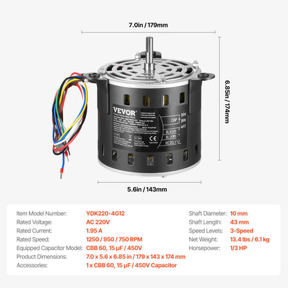 1/3HP Oven Fan Motor 220V 1.95A 1250RPM 3-speed 15μF/450V capacitor