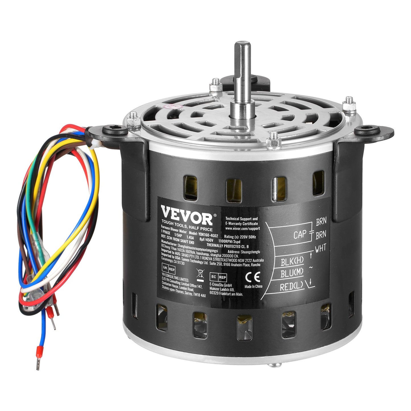 1/5HP Oven Fan Motor 220V 1.45A 1100RPM 3-speed 8μF/450V capacitor