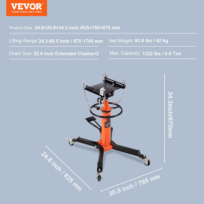 Transmissionsjack, 1322 LBS hydraulisk teleskopisk transmissionsjack, 32"-67" High Lift Floor Jack Stativ med fotpedal, 360° svängbart hjul, hydraulisk transmission Jack Garage/butikslyft
