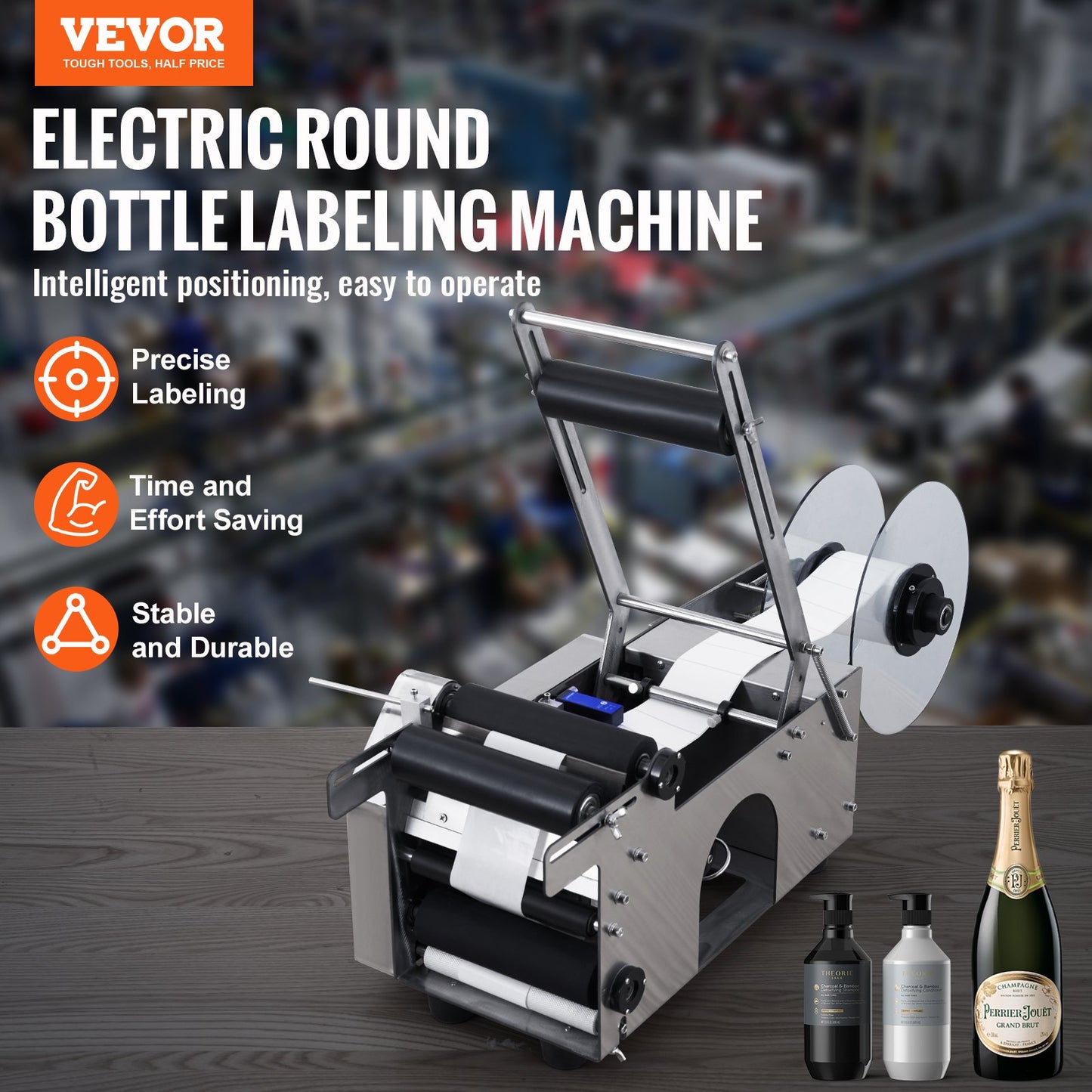 MT-50 halvautomatisk etiketteringsmaskin för rund flaska, justerbar etiketteringsmaskin 50 st/min etikettapplikator för flaskor 12-90 mm