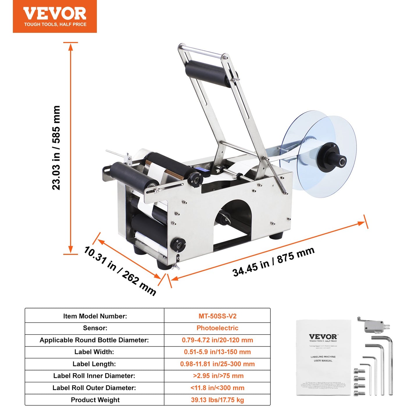 MT-50 halvautomatisk etiketteringsmaskin för rund flaska, justerbar etiketteringsmaskin 50 st/min etikettapplikator för flaskor 12-90 mm