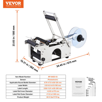 MT-50 halvautomatisk etiketteringsmaskin för rund flaska, justerbar etiketteringsmaskin 50 st/min etikettapplikator för flaskor 12-90 mm