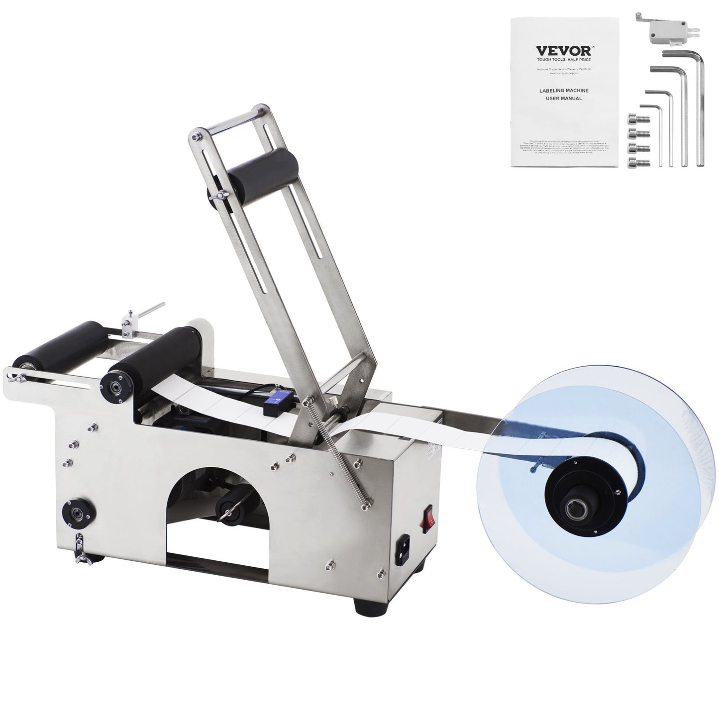 MT-50 halvautomatisk etiketteringsmaskin för rund flaska, justerbar etiketteringsmaskin 50 st/min etikettapplikator för flaskor 12-90 mm