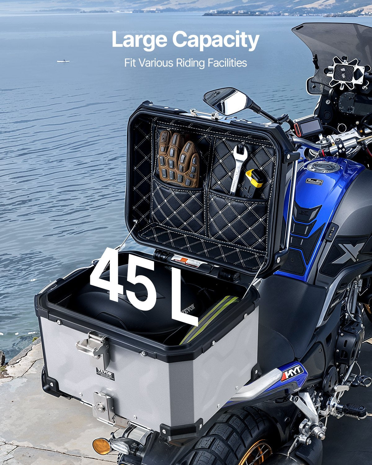 45L Motorcycle Top Case Universal Motorcycle Tail Box with leather lining
