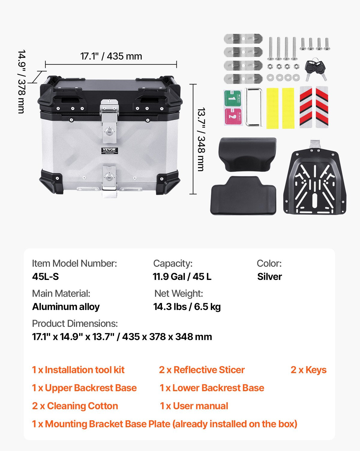 45L Motorcycle Top Case Universal Motorcycle Tail Box with leather lining