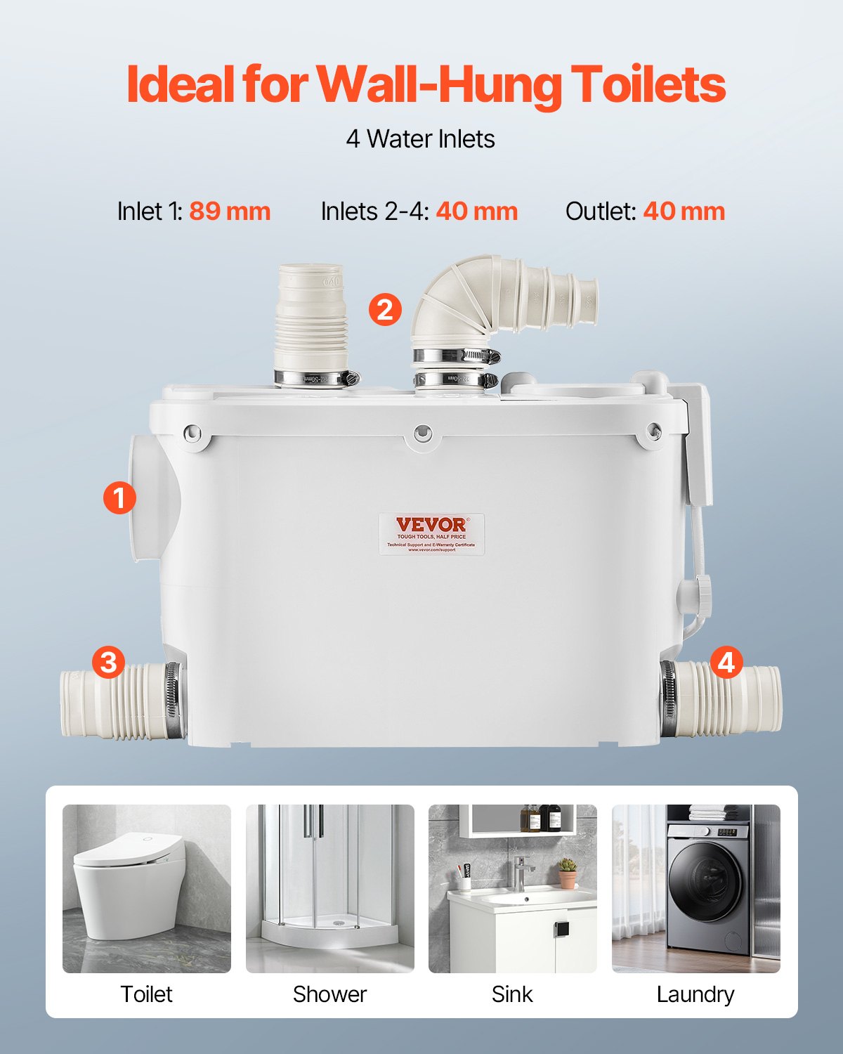 Maceratorpump, 500W, 6600 L/h flöde, 26,2 fot/8 m huvud, Macerator avloppspump med 3 vattenintag för toalett, källare, kök, handfat, dusch, badkar.