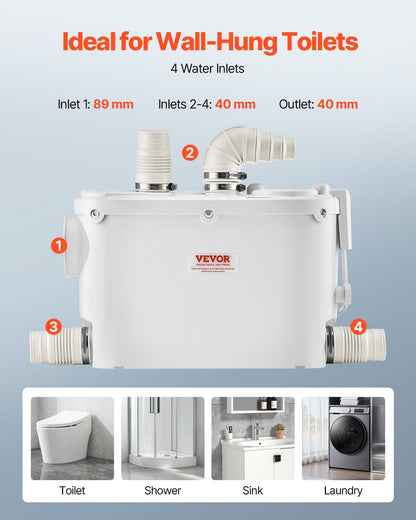 Maceratorpump, 500W, 6600 L/h flöde, 26,2 fot/8 m huvud, Macerator avloppspump med 3 vattenintag för toalett, källare, kök, handfat, dusch, badkar.