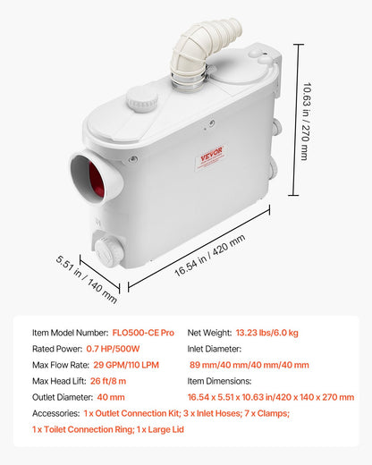 Maceratorpump, 500W, 6600 L/h flöde, 26,2 fot/8 m huvud, Macerator avloppspump med 3 vattenintag för toalett, källare, kök, handfat, dusch, badkar.