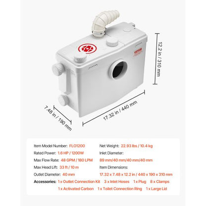 Maceratorpump 1200W 48 GPM Flöde 33 fot Höjdlyft för toalett, källarhandfat |  EU