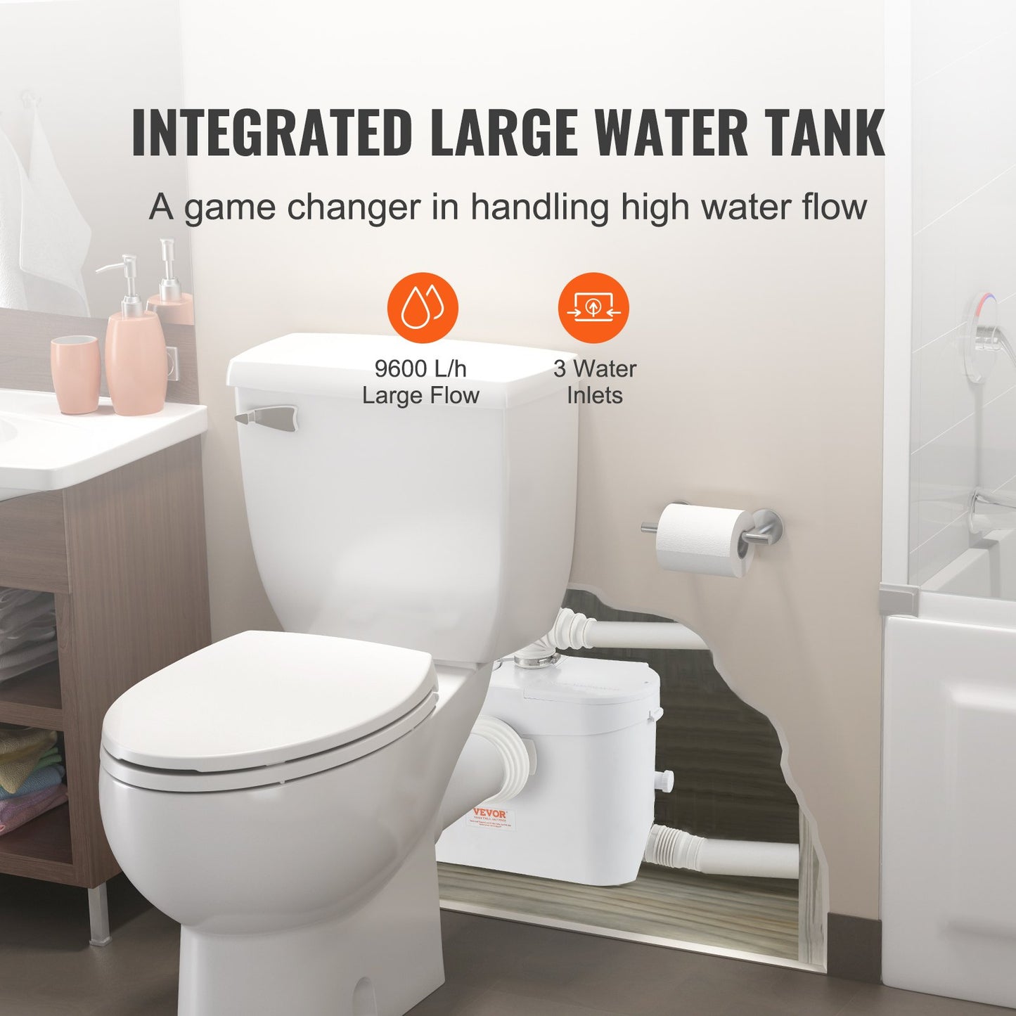 Macerator Avfallspump Källare Macerator Pump 700W, 9600l/h Flöde, 10M Utloppshuvud 99% Effektivt antimikrobiellt medel med 3 vatteninlopp för toalett, källare, kök, diskbänk, badkar, avloppshantering, diskmaskin